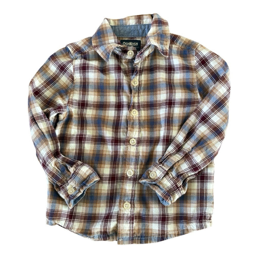 OshKosh B'gosh Flannel Shirt Baby Boys Size 12M Brown Plaid Long Sleeve Woven